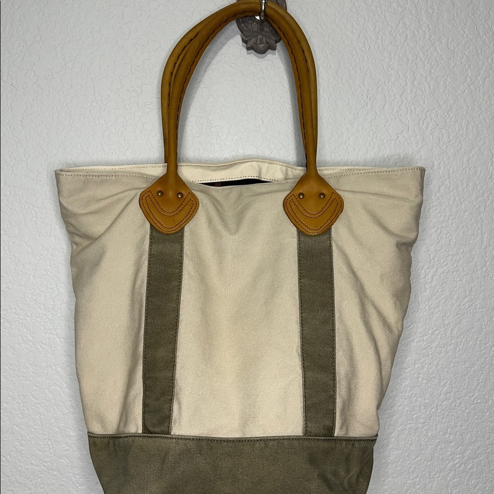 LL Bean Canvas Tote Bag with Tan Leather Handles - Picture 4 of 9